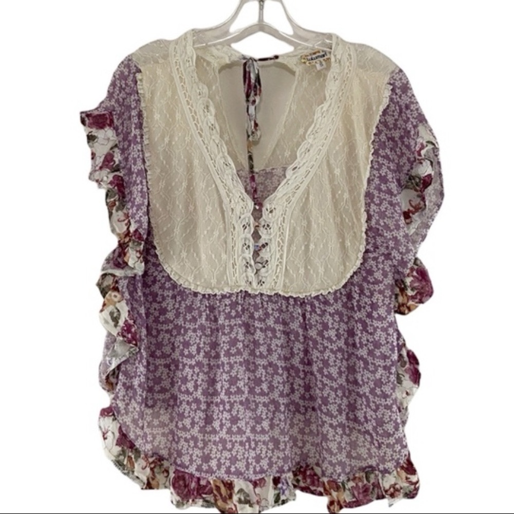 Lulumari Cottagecore Lace Floral Top S Boho Ruffle Edge Sleeveless Blouse